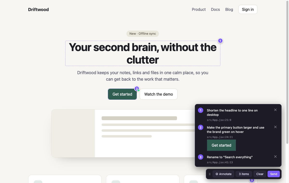 Drafts queue popover showing three queued UI annotations before sending